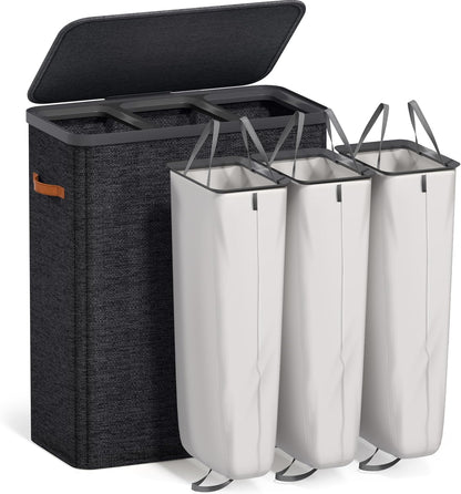 Sorbus Laundry Hamper with Lid - Collapsible 3-Compartment Fabric Laundry Basket with Handles and Removable Laundry Bag – 50 Gallon (190 L) Dirty Clothes Hamper for Bedroom, bathroom and dorm (Beige)