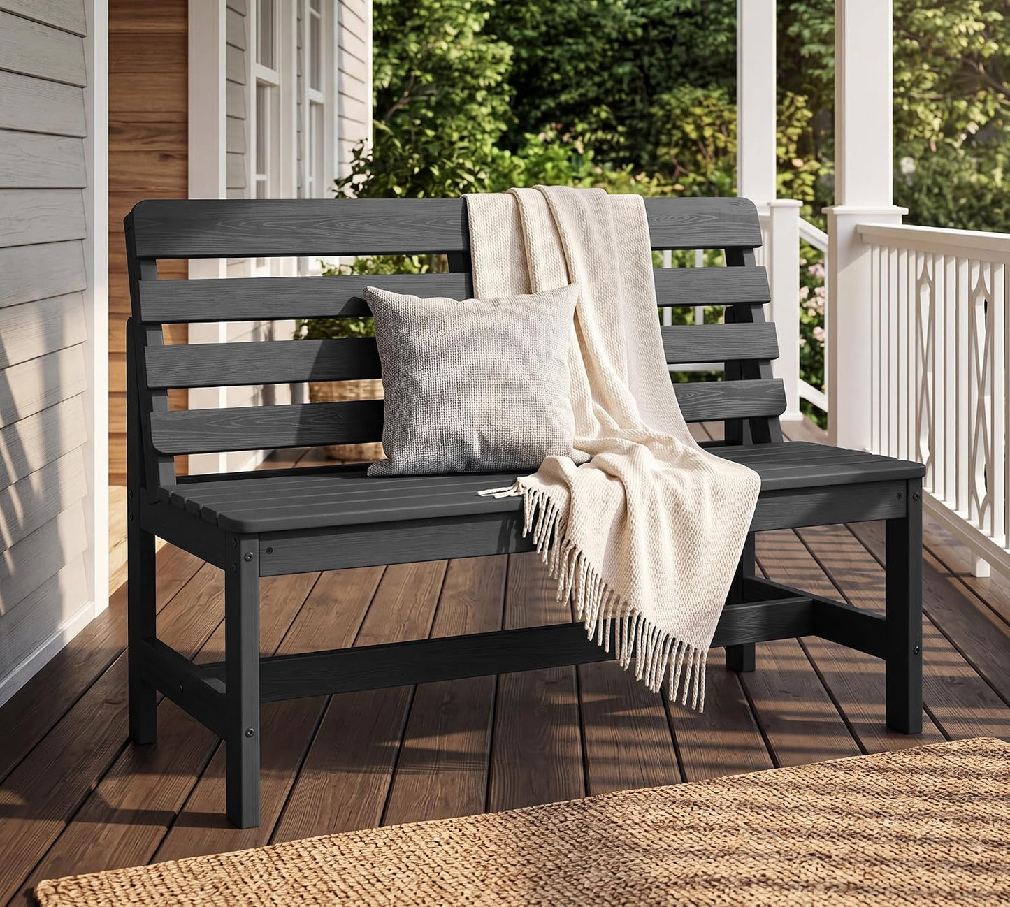 SERWALL HDPE Outdoor Storage Bench, Deck Box with Waterproof Storage Bags | All-Weather Benches | 57 Gallon Dual-Use Seat | Organizer Deck Boxes for Patio, Garden Tools & Pool | Dark Black