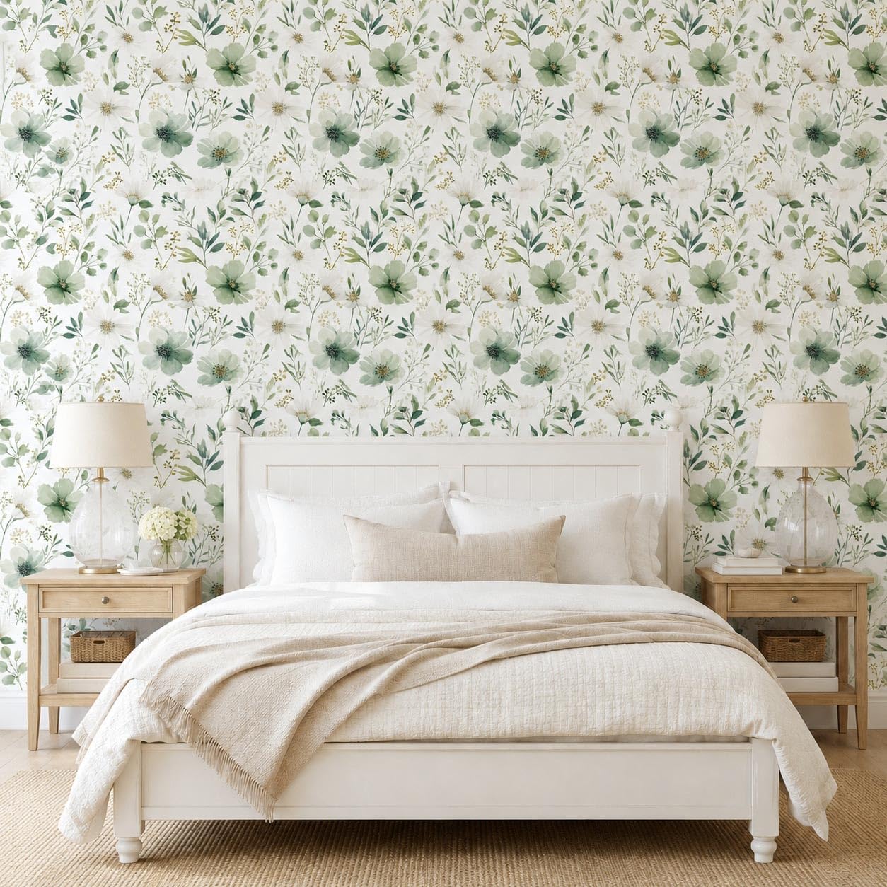 Sage Green Floral Peel and Stick Wallpaper Self Adhesive Removable Modern for Bedroom Accent Wall Renter Friendly Thick Watercolor Natural Flower Wallpaper 17.7" x 118"
