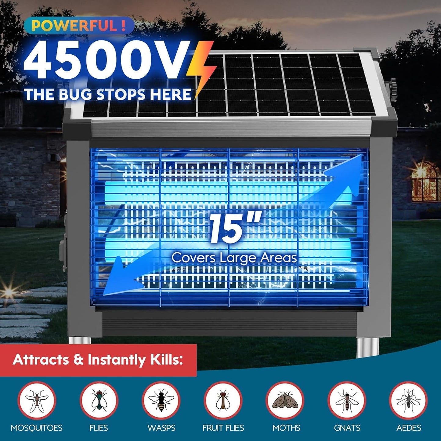 Solar Bug Zapper Outdoor, PhatroyYee Mosquito Zapper 4500V, Waterproof Portable Fly Zapper, Rechargeable Electric Mosquito Killer, Cordless Fly Insect Mosquitos Trap for Patio Yard Home Garden Camping