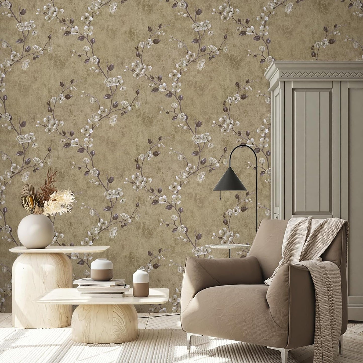 SOON AFTER 17.5”x120” Floral Peel and Stick Wallpaper Flower Tree Contact Paper Self Adhesive Removable Modern Sage Green Wall Paper Decorative Wall Covering Countertop Vinyl Film Roll