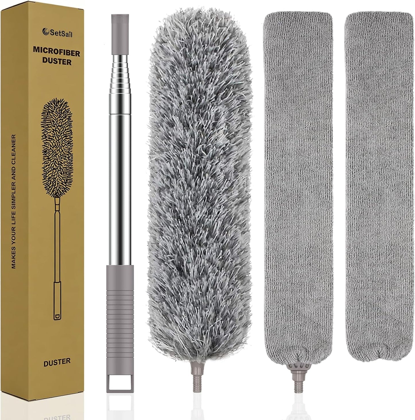 SetSail Extra-Long Dusters with Extension Pole 100-inch for Cleaning, Bendable Microfiber Head Washable Ceiling Fan Duster for High Ceilings, Furniture