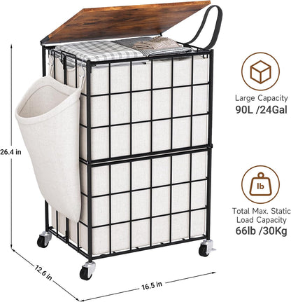 Laundry Basket with Wheels, Heavy Duty Laundry Sorter 2 Sections, 120L (32Gal.) Large Capacity Laundry Hamper with Wood Lid, 360 Rolling Wheels, Extra Side Pocket, Leather Pull Handle, Beige