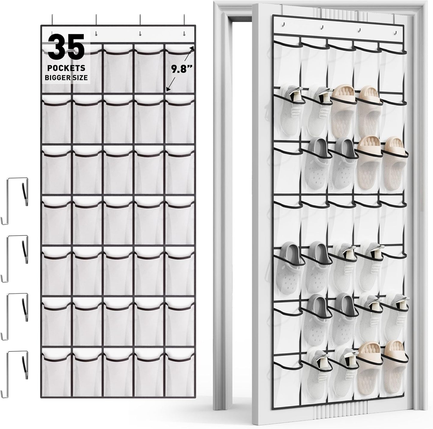 WVM Over the Door Shoe Organizer with 35 Breathable Mesh Pockets, Hanging Shoe Organizer for Door with 4 Metal Hooks, Large Capacity Closet Storage for Shoes, Accessories, Grey