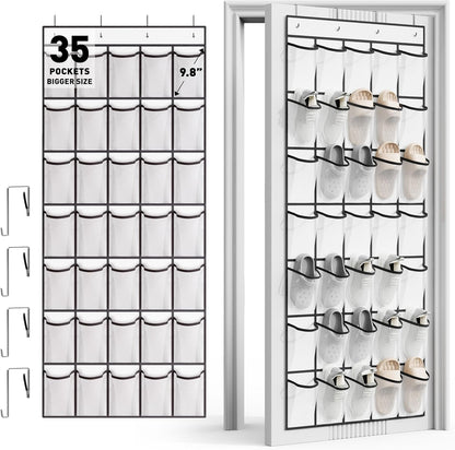 WVM Over the Door Shoe Organizer with 35 Breathable Mesh Pockets, Hanging Shoe Organizer for Door with 4 Metal Hooks, Large Capacity Closet Storage for Shoes, Accessories, Grey