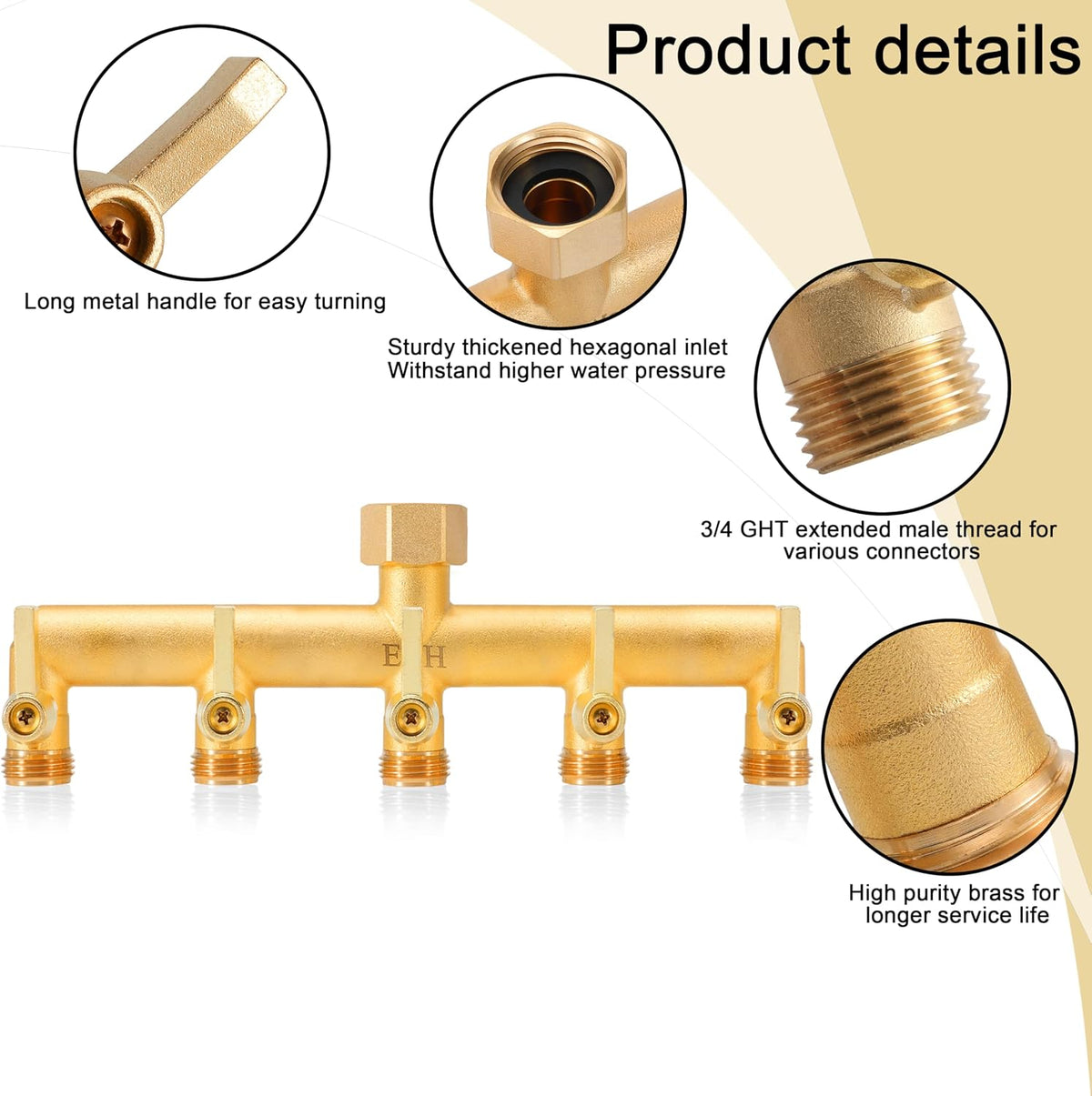EBH Brass Garden Hose Splitter, 3 Way High Flow Outdoor Faucet Splitter,Full Flow 3-Way Brass Heavy Duty Hose Splitter With 3 Long Metal Handle and Individual On/Off Valve。