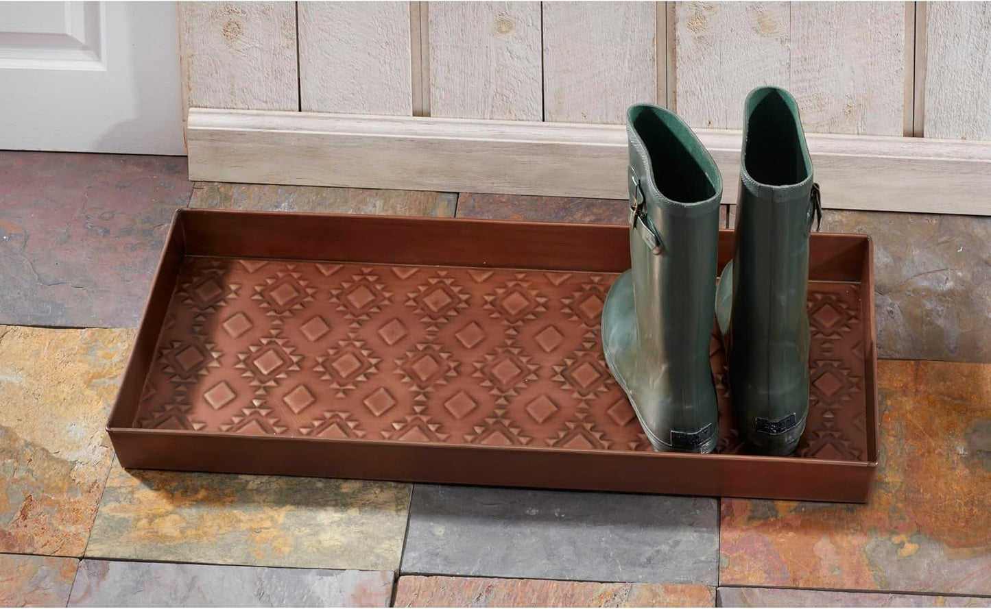 HF by LT Birch Forest Pattern Metal Boot Storage Tray, 30 x 13 inches, Antique Copper Finish