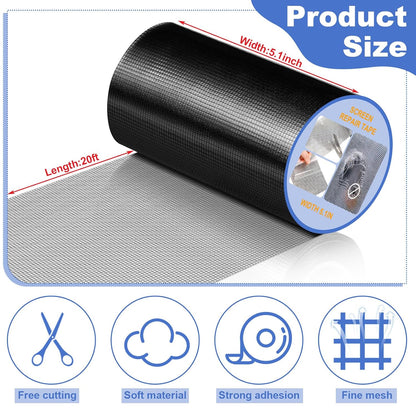 CroBlissful Extra Wide 5 inch x 20 ft Window Screen Tape Mesh Repair Strong Adhesive Waterproof Fiberglass Screen Repair Kit Patch for Window Door Tears Holes(Black)