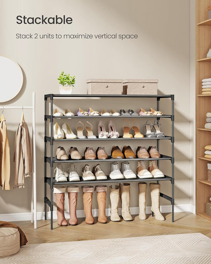 SONGMICS Shoe Rack, 2-Tier Shoe Storage Organizer, Space-Saving, 11.7 x 16.5 x 12.2 Inches, Entryway, Metal Frame, Non-Woven Fabric Shelves, Ink Black ULSH012BH01