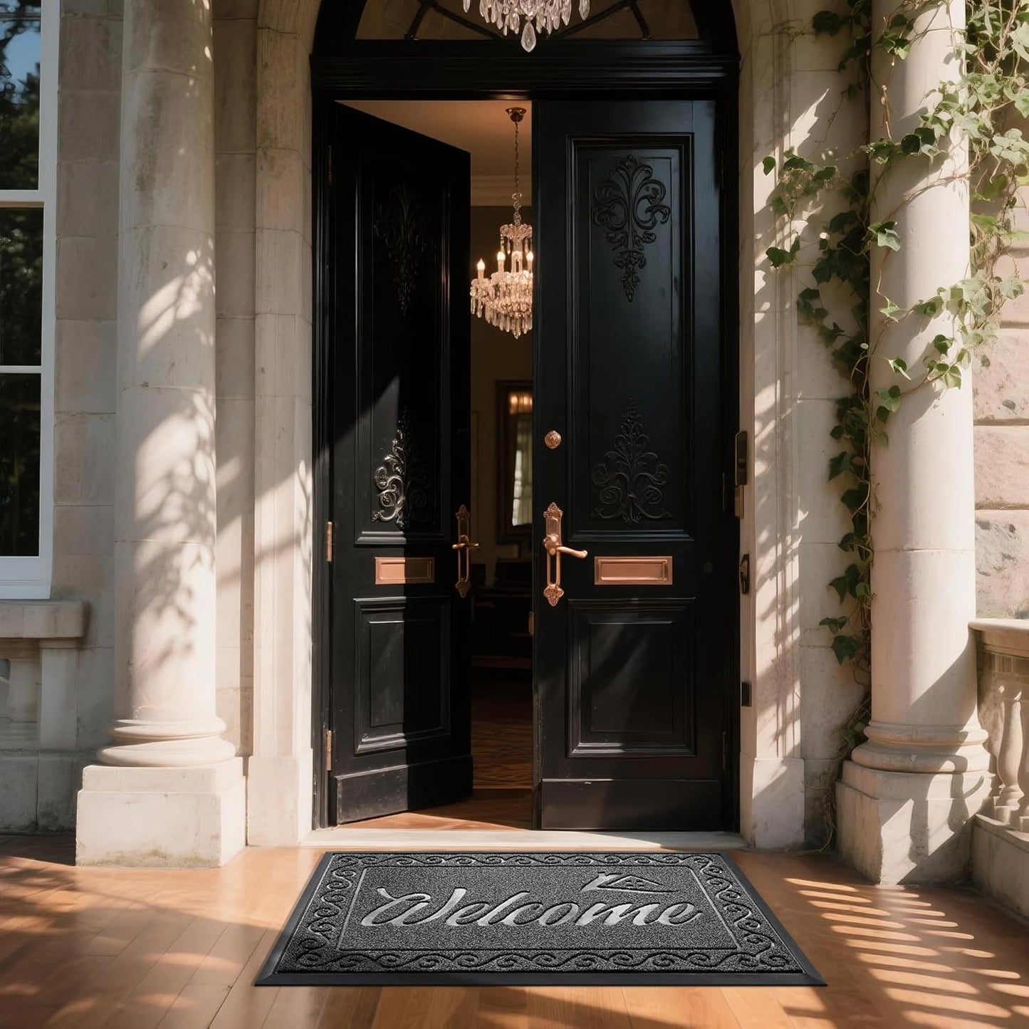 Yimobra Welcome Mat, Heavy Duty Sturdy Door Mats for Home Entrance Outdoor Indoor, Front Doormat for Outside Patio Floor Entry Porch Garage Office, Waterproof, Low Profile, 29.5x17, Black Grey