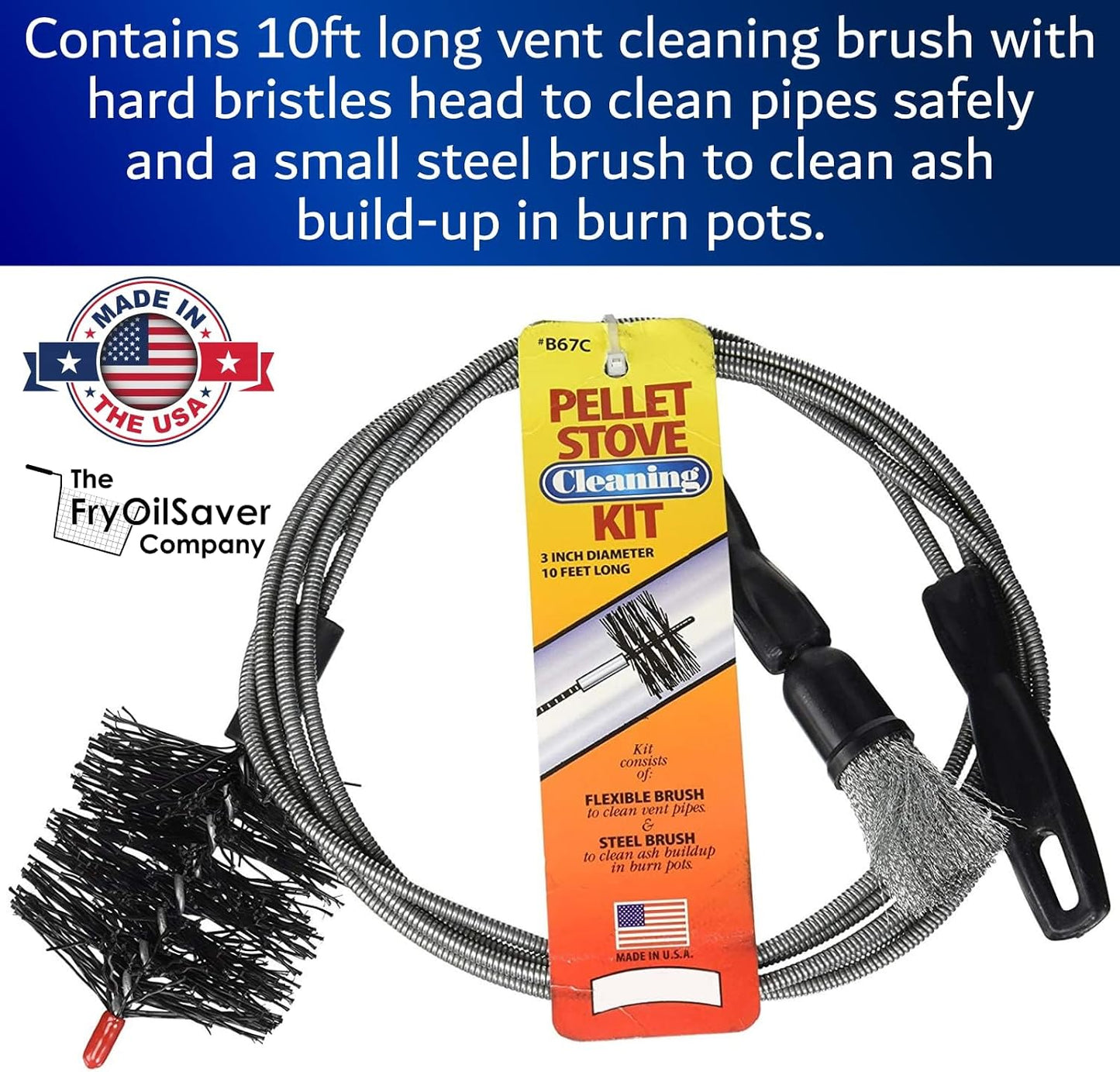 Pellet Stove & Dryer Vent Cleaner Kit – 3 inch Head and 10 ft Long Steel Flexible Brush for Fireplace Chimney, Ash, Lint & Soot Buildup Removal - Pellet Stove Cleaning Kit by FryOilSaver B67C