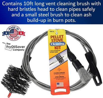 Pellet Stove & Dryer Vent Cleaner Kit – 3 inch Head and 10 ft Long Steel Flexible Brush for Fireplace Chimney, Ash, Lint & Soot Buildup Removal - Pellet Stove Cleaning Kit by FryOilSaver B67C