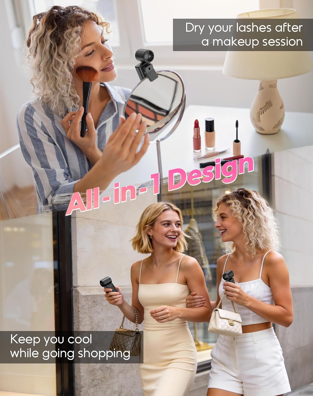 Portable Clip-On Mini Fan, Hands-Free, Turbo Personal Handheld Fans Rechargeable w/ 4 Wind & LED Display, Pocket Size Summer Cooling Essentials for Travel/Eye Lash/Beach/Concert, Gifts for Women(Pink)
