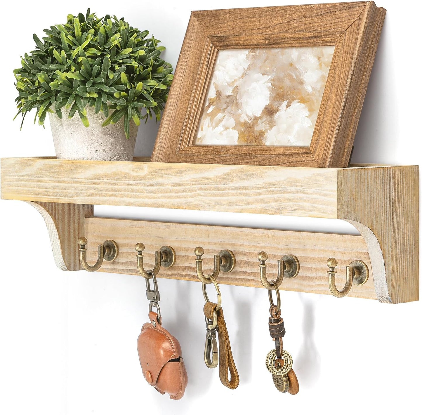 Rebee Vision Farmhouse Key Holder for Wall - Decorative Wooden Mail Organizer with 5 Rustic Key Hooks and Floating Shelf for Home Decor, Hallway, Entryway, Appartment (Retro Brown)