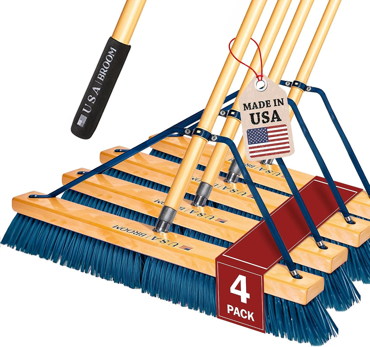 36" Heavy Duty Outdoor Push Broom with 60" Handle. Ideal for Asphalt, Concrete & Heavy Debris. Durable American Made Steel Brackets-Stainless Steel Hardware. No Plastic. 100% USA Made