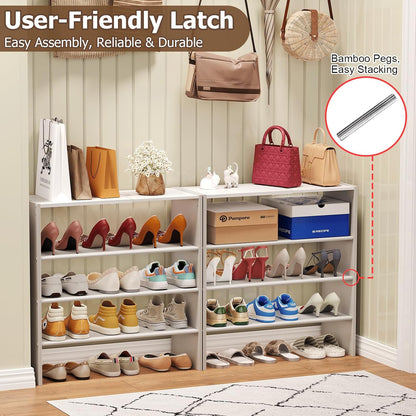 X-cosrack 2 Pack 2-Tier Shoe Rack Organizer for Closet, Expandable and Adjustable White Shoe Rack, Stackable Iron Wood Combination Shoe Storage Shelves for Closets, Entryway, Small Space, Garage