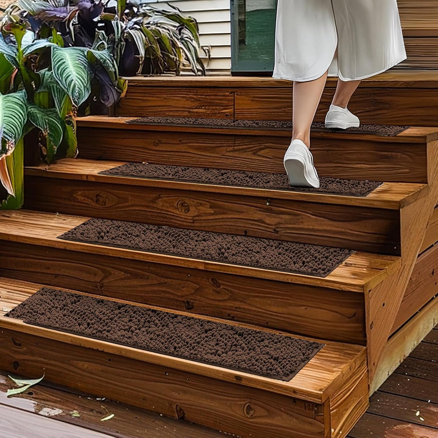 Muddy Mat® Pack of 4 - Soft Chenille Stair Treads Non-Slip Reusable, Super Absorbent Stair Treads for Wooden Steps, Tile & Marble Floor, Easy to Install & Machine Washable - Brown 30'' x 7''