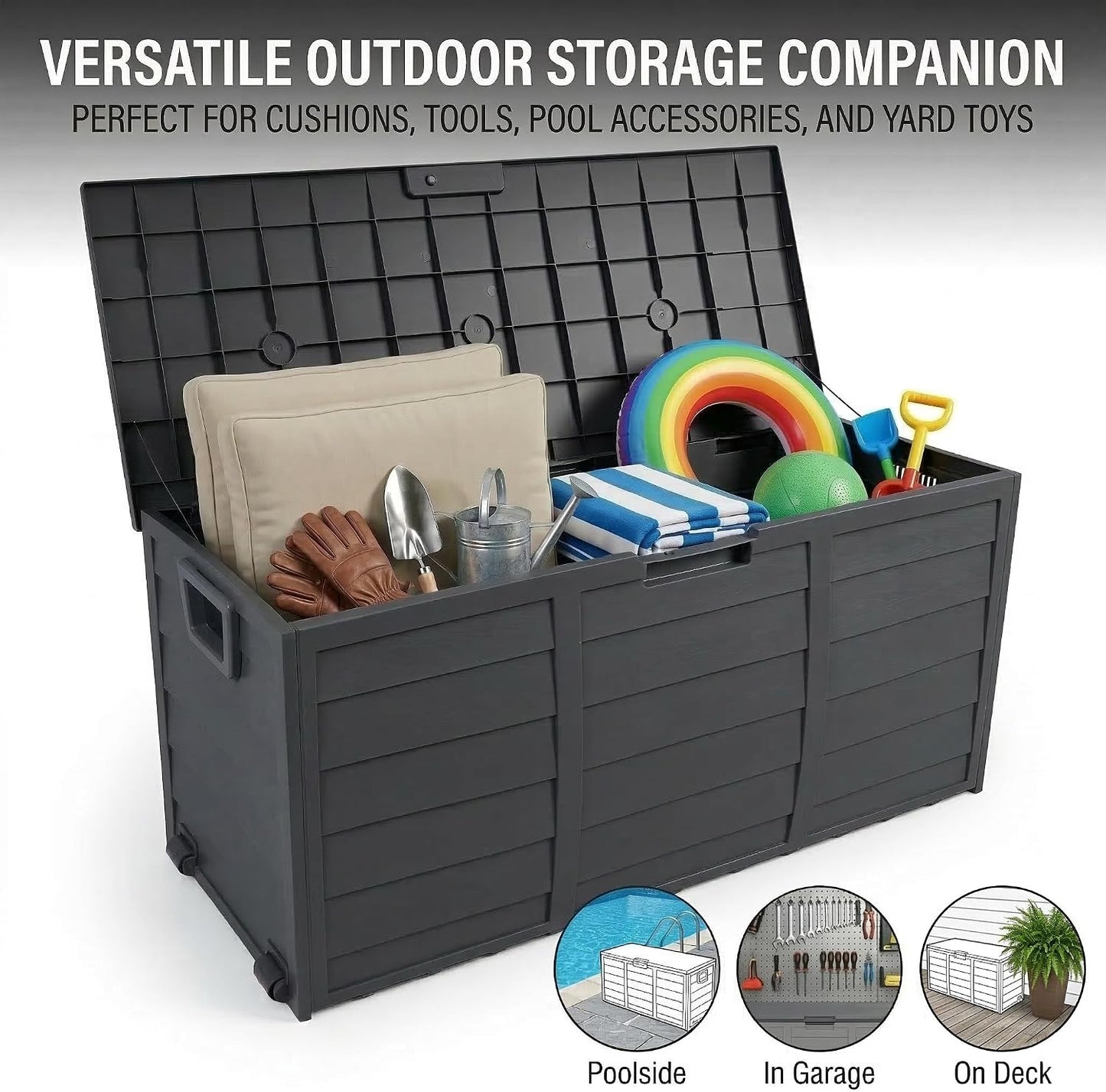 75 Gallon Outdoor Storage Box, 260L Waterproof Resin Deck Box for Patio Furniture Cushions, Garden Tools and Yard Accessories, Lockable Storage Chest with Wheels and Handles (Brown)