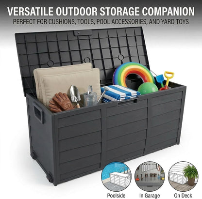 75 Gallon Outdoor Storage Box, 260L Waterproof Resin Deck Box for Patio Furniture Cushions, Garden Tools and Yard Accessories, Lockable Storage Chest with Wheels and Handles (Brown)