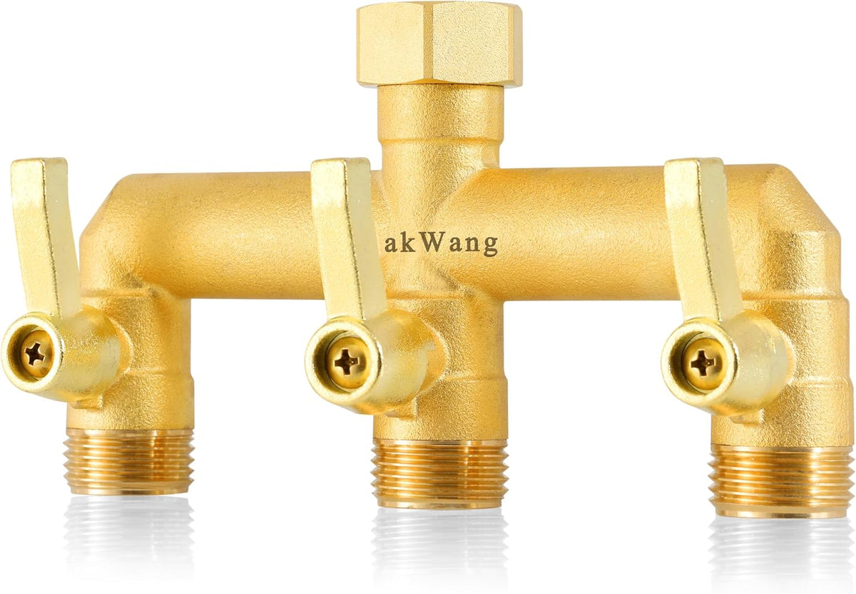 Heavy Duty Brass 2-Way Garden Hose Splitter, 3/4" GHT Threads, Metal Shutoff Valve, Long Handle
