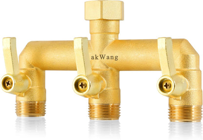 Heavy Duty Brass 2-Way Garden Hose Splitter, 3/4" GHT Threads, Metal Shutoff Valve, Long Handle