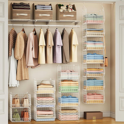 X-cosrack 3-Tier Hanging Closet Organizer, Laundry Room Organization | Space Saving Shelves with 1.65" Hook & 5 S-Hooks | Hanging Wire Baskets (12.4" W x 8.8" H x 10.24-11.8" D)
