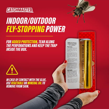 Catchmaster Gold Stick 4-Pack, Sticky Hanging Fly Traps Indoor & Outdoor | Includes a food-based lure to draw flies; reflective gold foil; lay, stand, or hang; captures house flies, gnats & insects