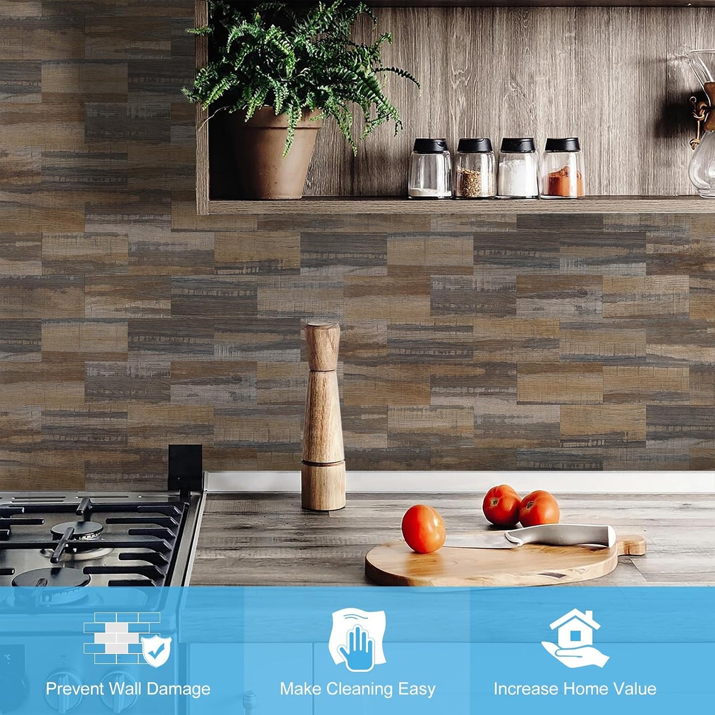 100-Piece Faux Stone Peel and Stick Backsplash Tile, Waterproof Thick PVC Stick On Subway Wall Tile for Kitchen Bathroom Laundry Room Fireplace - 3" x 6", Tan Wood