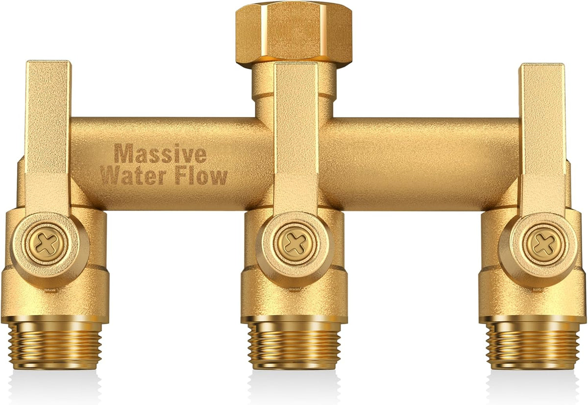 Hose Splitter 2 Way Heavy Duty, Solid Brass Full Flow Outdoor Faucet and Garden Hose Splitters, Water Spigot Splitter T Adapter, All Metal Water Connector with Shut-Off Valve, 3/4 - Inch GHT Thread