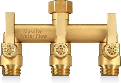 Hose Splitter 2 Way Heavy Duty, Solid Brass Full Flow Outdoor Faucet and Garden Hose Splitters, Water Spigot Splitter T Adapter, All Metal Water Connector with Shut-Off Valve, 3/4 - Inch GHT Thread
