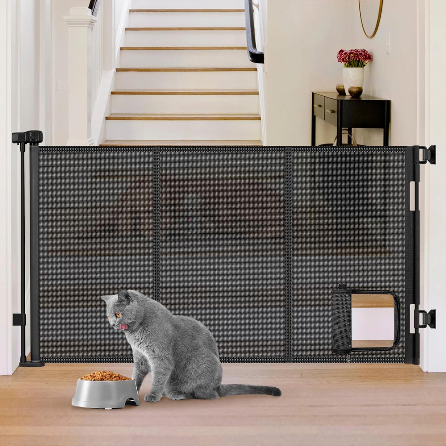 Reinforced 60” Wide Retractable Pet Gate with Cat Door Mesh Baby Gate for Stairs with Reinforced Strips Retractable Dog Gates with Cat Door Mesh Dog Gates for Doorways Separating Dogs from Cats, White