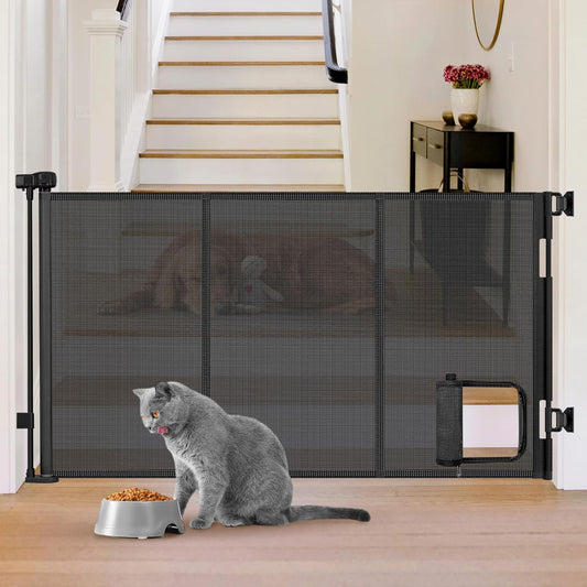 Reinforced 60” Wide Retractable Pet Gate with Cat Door Mesh Baby Gate for Stairs with Reinforced Strips Retractable Dog Gates with Cat Door Mesh Dog Gates for Doorways Separating Dogs from Cats, White