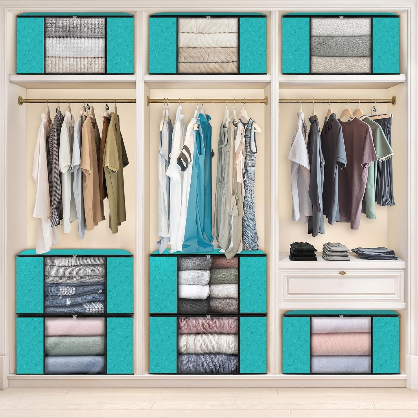 Fab totes 6 Pack Storage Bags for Clothes and Blanket, Foldable Closet Organizers and Storage with Zippers, Clear Window and Handles, Fabric Storage Bins for Sweater, Comforter, Bedding,Linen Sheets