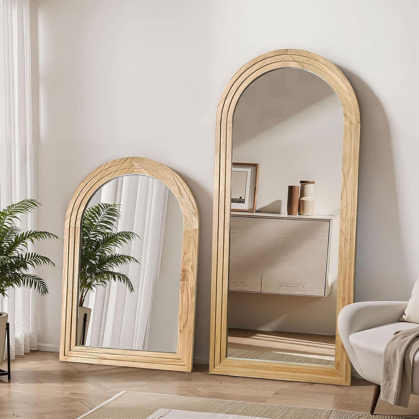 Delma Arched Full Length Floor Mirror with Stand, 75x35 Rustic Farmhouse Solid Wood Frame Wall Mirror for Bedroom, Living Room, Vertical Hanging & Standing(Brown)