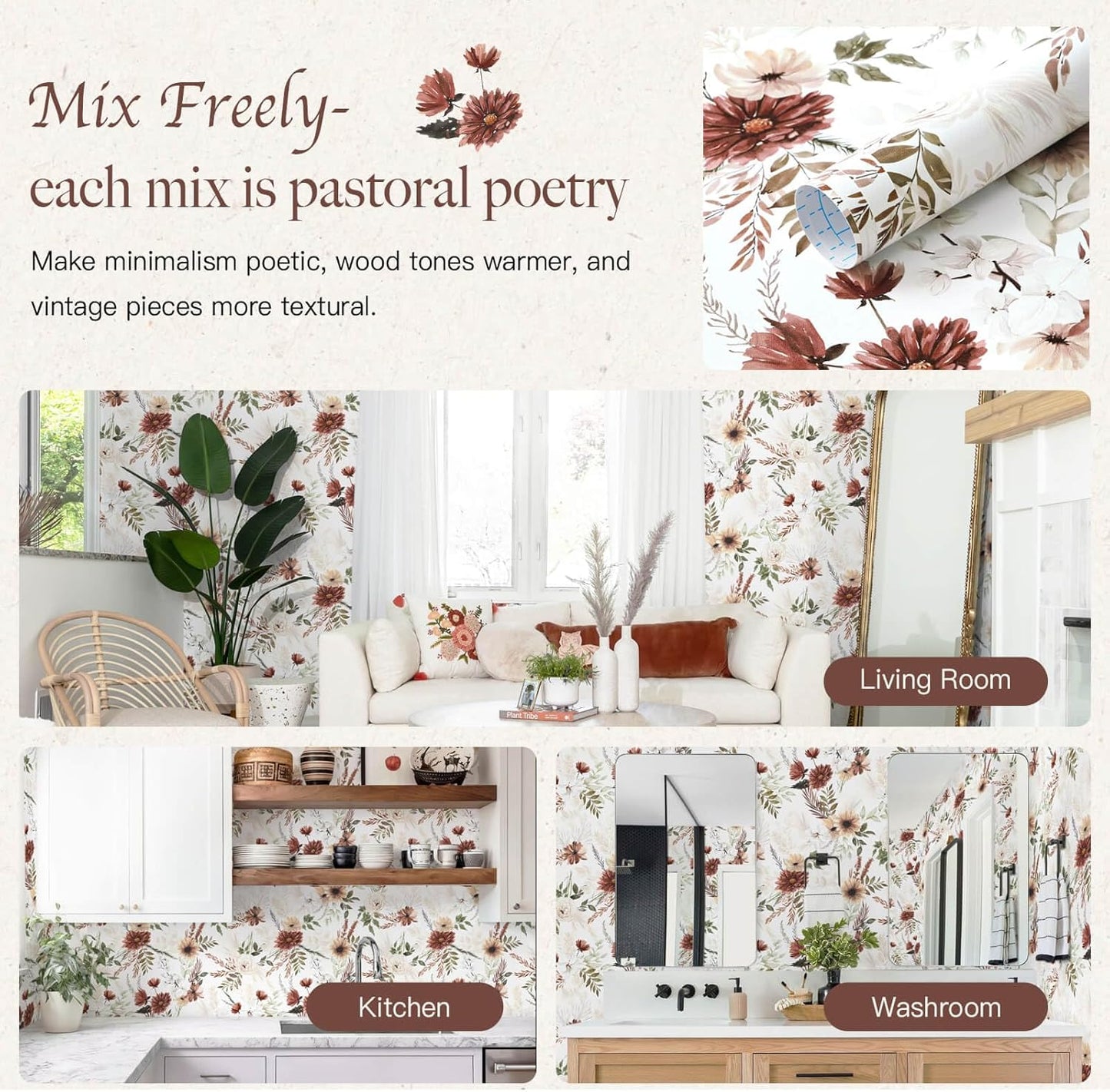 Dimoon 17.3''x78.7'' Peel and Stick Wallpaper Floral Cute Contact Paper Vintage Village Country Cottage Wallpaper Farmhouse Yellow Beige Renter Friendly Geometry Waterproof Embossed Kitchen Bedroom