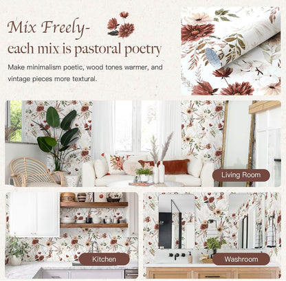 Dimoon 17.3''x78.7'' Peel and Stick Wallpaper Floral Cute Contact Paper Vintage Village Country Cottage Wallpaper Farmhouse Yellow Beige Renter Friendly Geometry Waterproof Embossed Kitchen Bedroom