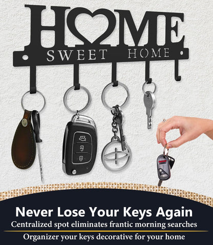 Key Holder Hooks Organizer Hanger Rack Wall Mounted Sweet Home Metal Decor Stylish and Practical for Entryway Front Door Kitchen Hallway Garage Mudroom Office Hardware Included Black