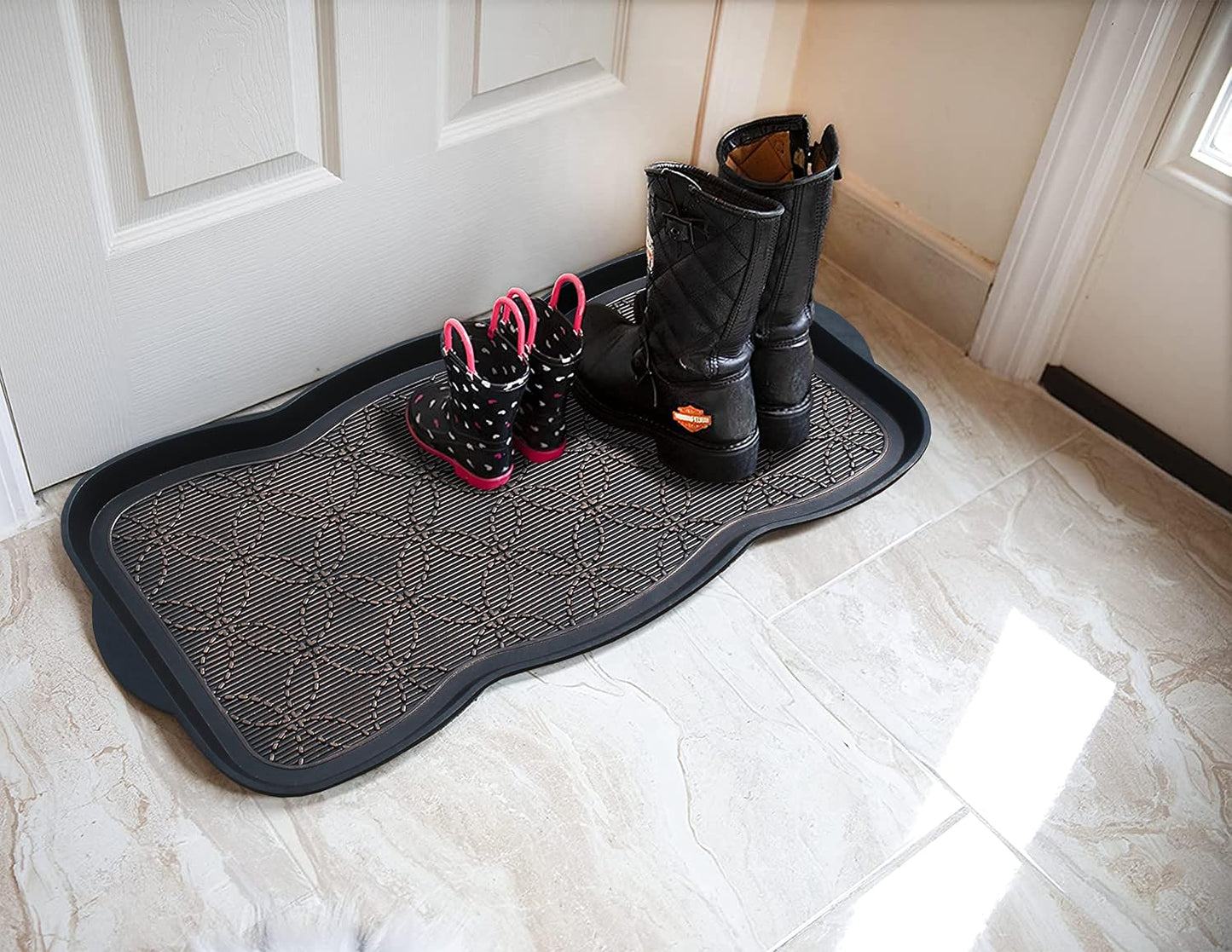 A1HC Heavy Duty Flexible and Durable 100% Rubber Hello Triangle Boot Trays Multi-Purpose for Shoes, Pets, Garden - Mudroom, Entryway, Garage and Scraper Doormat 21.6" X 21.6"