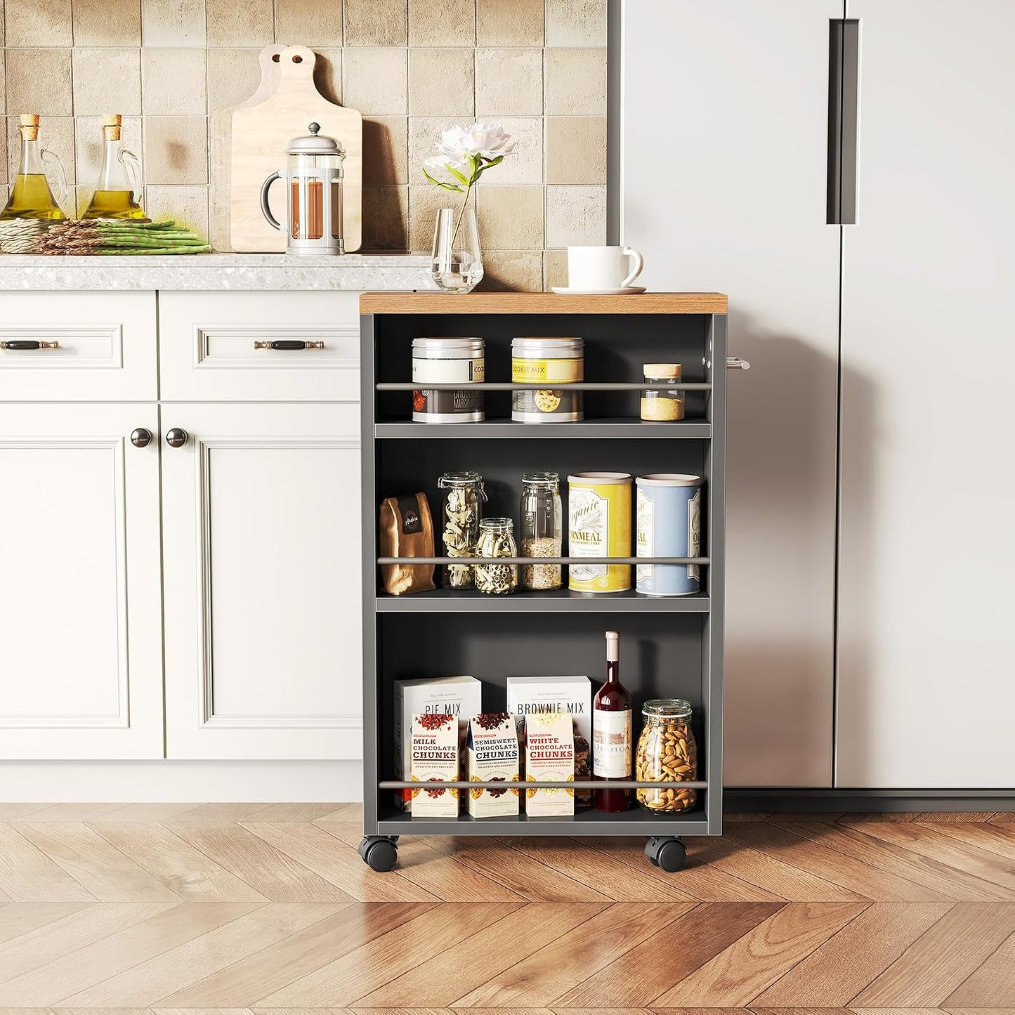 LITTLE TREE 4 Tier Rolling Cart with Wheels, 6.3 Inch Slim Storage Cart, Wooden Snack Cart with Narrow Shelf, White Laundry Room and Bathroom Organizer Shelves