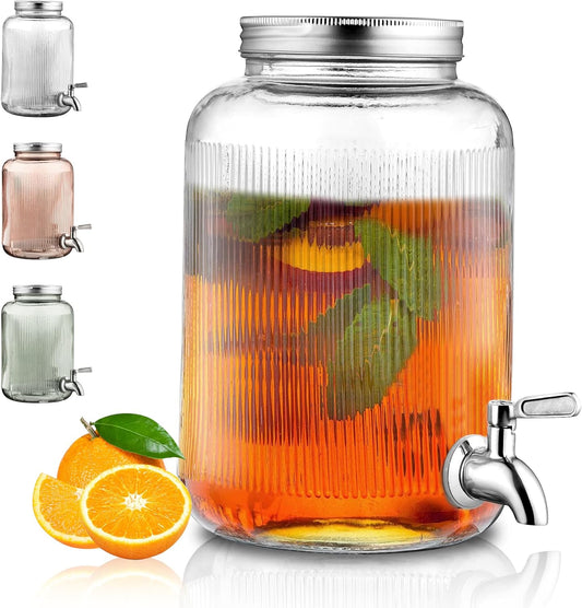 Berglander Glass Drink Dispenser for Fridge, 1 Gallon Beverage Dispenser with Leakproof Stainless Steel Spigot, Water, Laundry Detergent, Juice Dispenser for BBQ, Picnic, Parties and Events (Clear)