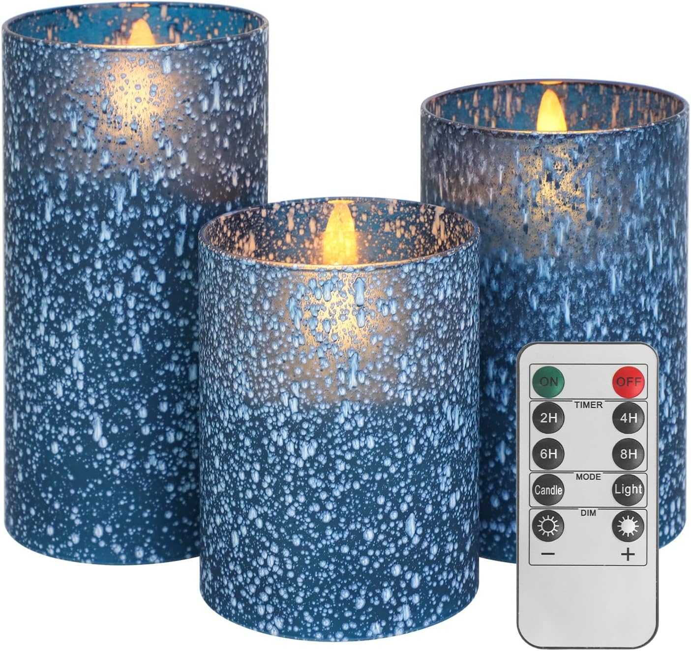Blue Flameless Candles with Remote, Real Wax Glass Battery Operated Candles with Timer, LED Pillar Candle for Bedroom Home Wedding Birthday Party Fall Halloween Christmas Decorations, Set of 3