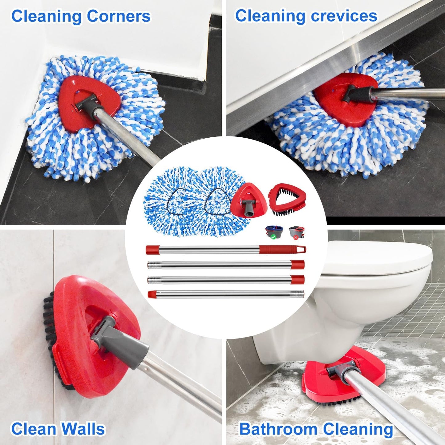 Mop Replace Heads Mop Handle and Base Replacement for O Cedar EasyWring 1-Tank Spin Mop System, 2 Microfiber Mops Refills, 4-Section Iron Mop Handle 30-58Inch and 1 Mopping Heads Cover Set (No Bucket)