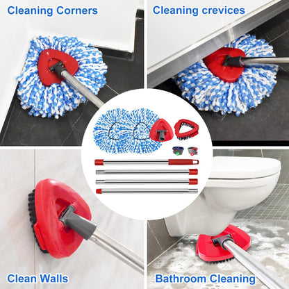 Mop Replace Heads Mop Handle and Base Replacement for O Cedar EasyWring 1-Tank Spin Mop System, 2 Microfiber Mops Refills, 4-Section Iron Mop Handle 30-58Inch and 1 Mopping Heads Cover Set (No Bucket)