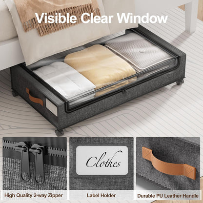 LAMU Under Bed Storage with Wheels, 2 Pack Under Bed Storage Containers with Clear Lid, XXL 60 L Underbed Storage Bins, Rolling Under Bed Metal Drawers for Clothes, Blankets, Shoes, Black
