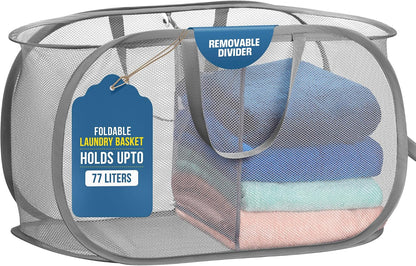 Handy Laundry Collapsible Laundry Basket, 3-Compartment Mesh Laundry Sorter, Foldable Pop Up Hamper with Handles, Space-Saving Durable Organizer for Dorm, Bedroom, Travel, White