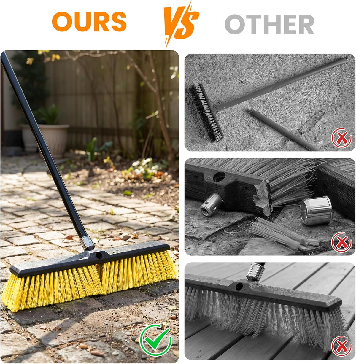18" Push Broom Outdoor, Heavy Duty Broom with 62" Long Handle, Stiff Bristle Garage Broom for Patio Deck Driveway Concrete Floor Shop Warehouse Cleaning