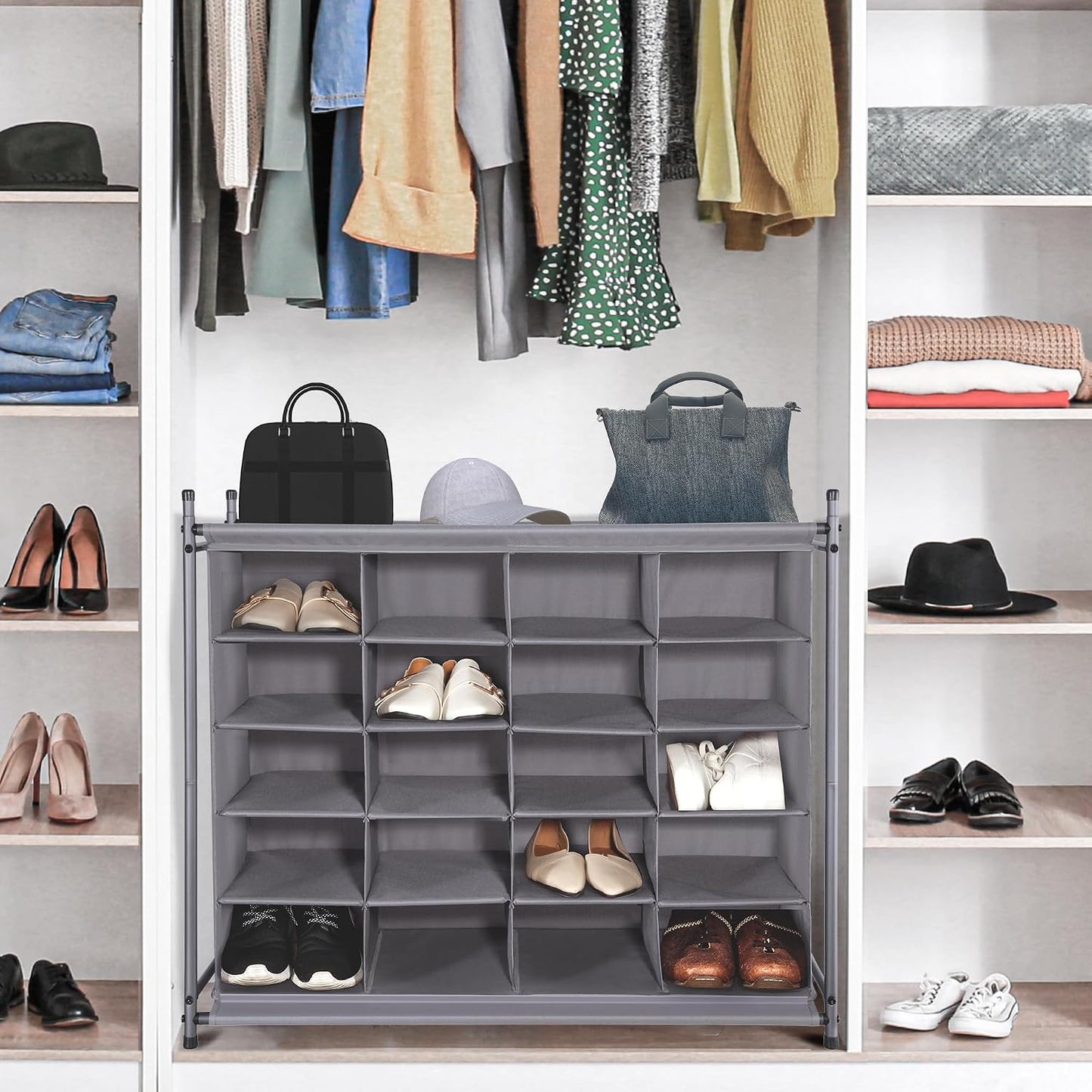 STORAGE MANIAC Stackable Shoe Cubby Organizer, Free Standing Shoe Cube Rack for Entryway, Bedroom, Apartment, Closet, 20-Cube Gray