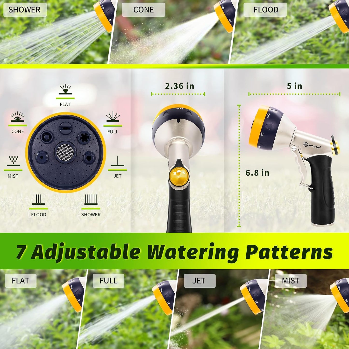 AUTOMAN Garden Hose Nozzle Sprayer - High Pressure 100% Metal Water Spray Nozzle With 4 Patterns - Heavy Duty for Watering Plants, Lawns, Washing Cars & Pets