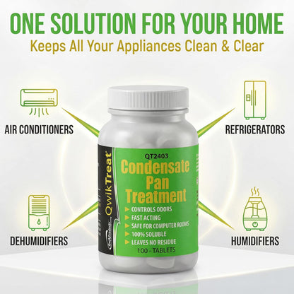 QwikTreat AC Pan Tablets & HVAC Drain Line Cleaner | Condensate Drain Pan Treatment Tabs | Remove Air Conditioner Pipe Clogs, Algae, & Control Odors for Effective Maintenance (100 Tabs)