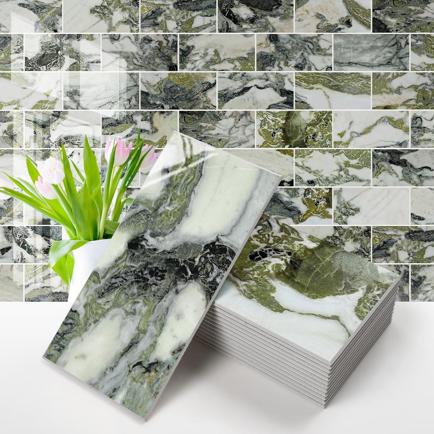 Vamos Tile 100-Piece Glossy Dolomite White Peel and Stick Backsplash Tile,3''x6'' PVC Subway Tile with White Grout, Stick on Backsplash for Kitchen/Bathroom/Fireplace
